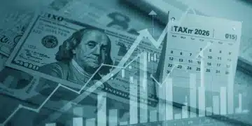 Financial chart with tax forms and 2026 calendar for capital gains tax planning.