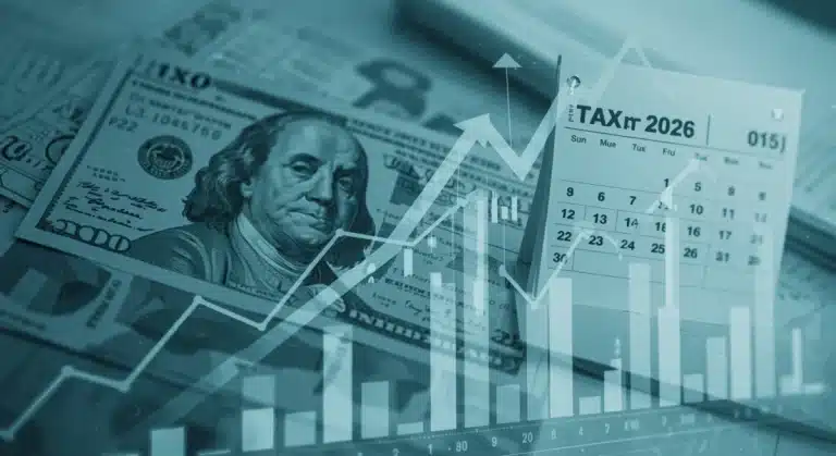 Financial chart with tax forms and 2026 calendar for capital gains tax planning.