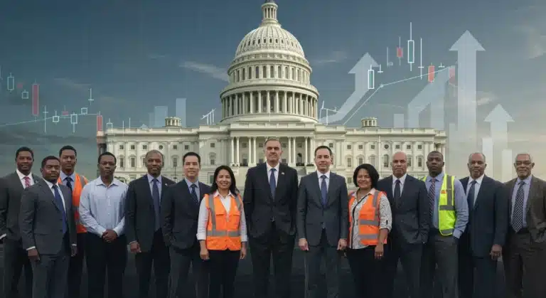 Diverse workers and financial graphics representing the 2026 federal minimum wage debate.