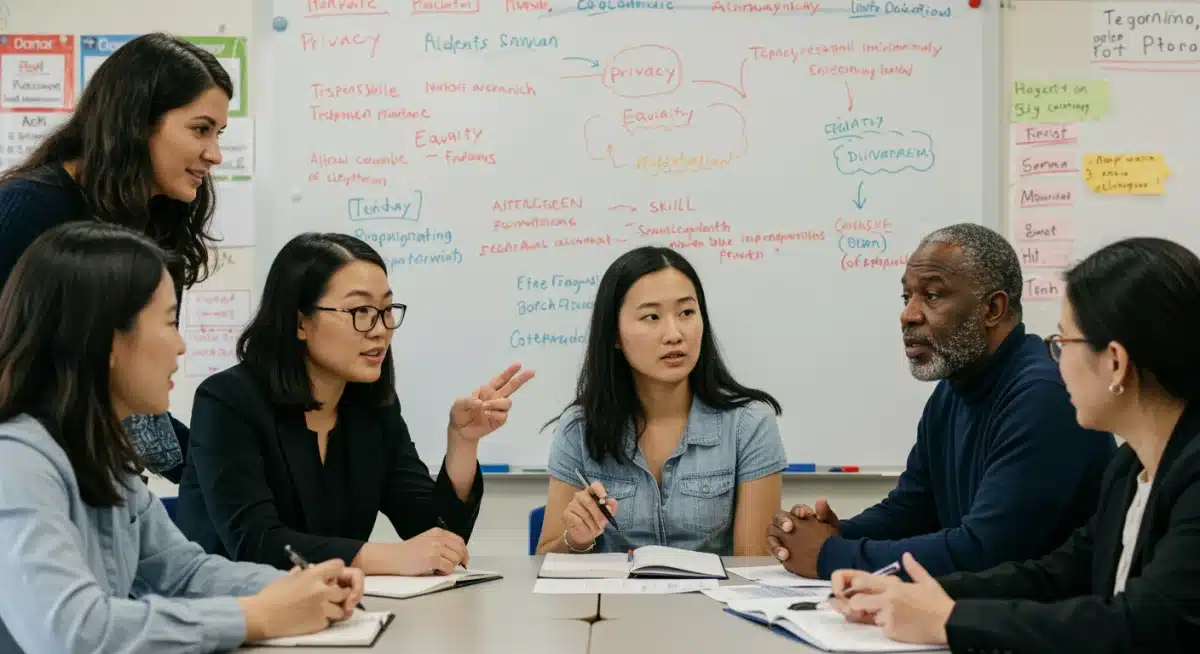 Parents and educators discussing AI ethics and benefits in K-12 education