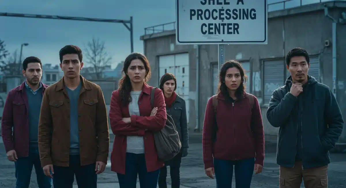 Asylum seekers at a processing center, contemplating new immigration regulations.