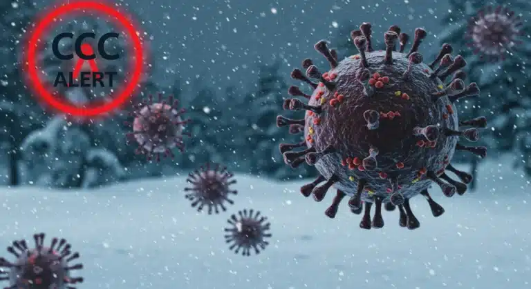 Urgent CDC warning symbol against a winter background with COVID-19 particles