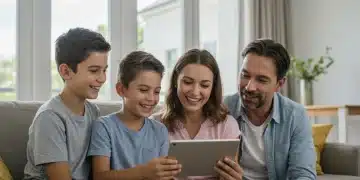 Happy family reviewing financial information, symbolizing Child Tax Credit benefits.