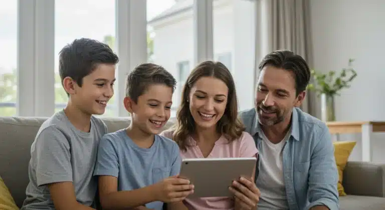 Happy family reviewing financial information, symbolizing Child Tax Credit benefits.