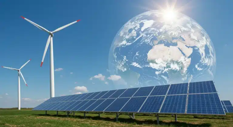 Clean energy infrastructure under a clear blue sky, representing reduced emissions and environmental progress.