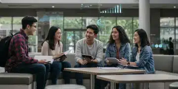 Diverse college students discussing future education amidst digital ranking data