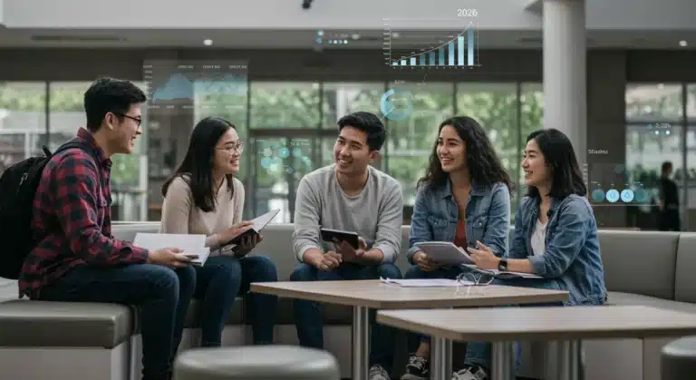 Diverse college students discussing future education amidst digital ranking data