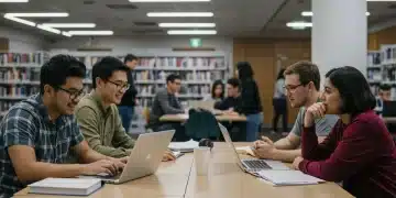 College students studying and collaborating on laptops in a modern university library.