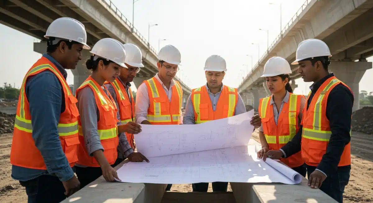 Construction workers reviewing bridge blueprints, symbolizing infrastructure project planning.
