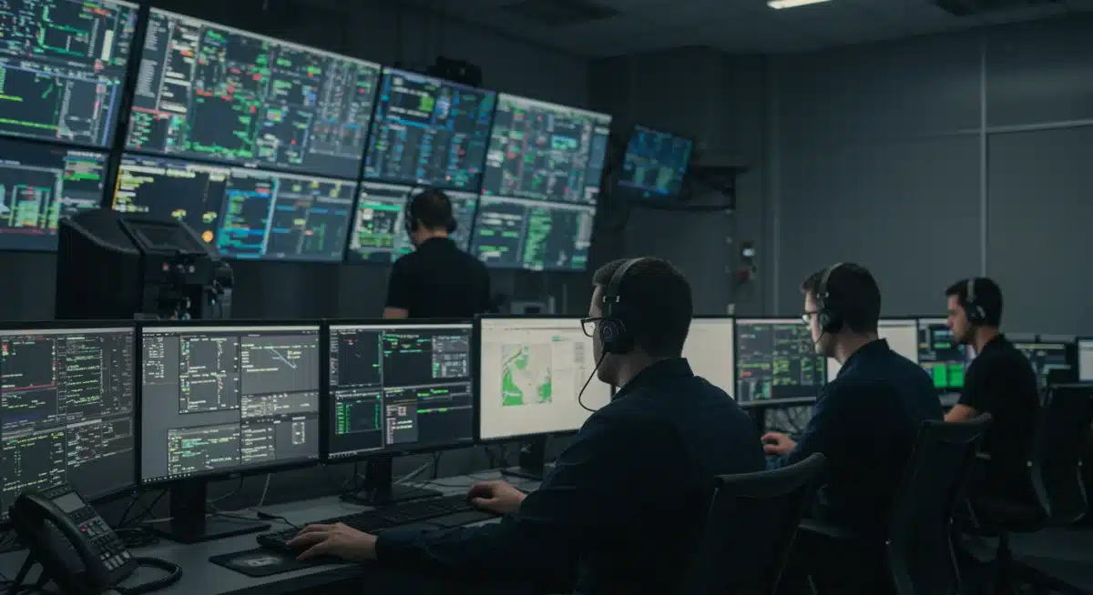 Cybersecurity analysts monitoring threat intelligence in a control room