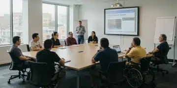 People discussing new disability benefits for 2026 with a presentation screen.