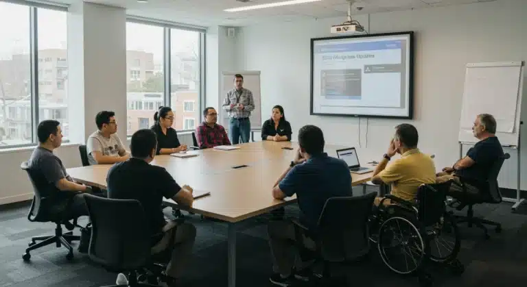People discussing new disability benefits for 2026 with a presentation screen.