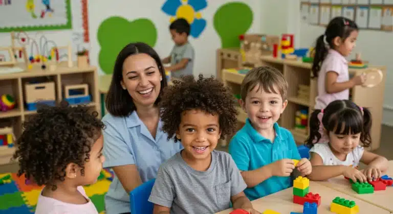Diverse children learning happily in a bright early childhood education classroom