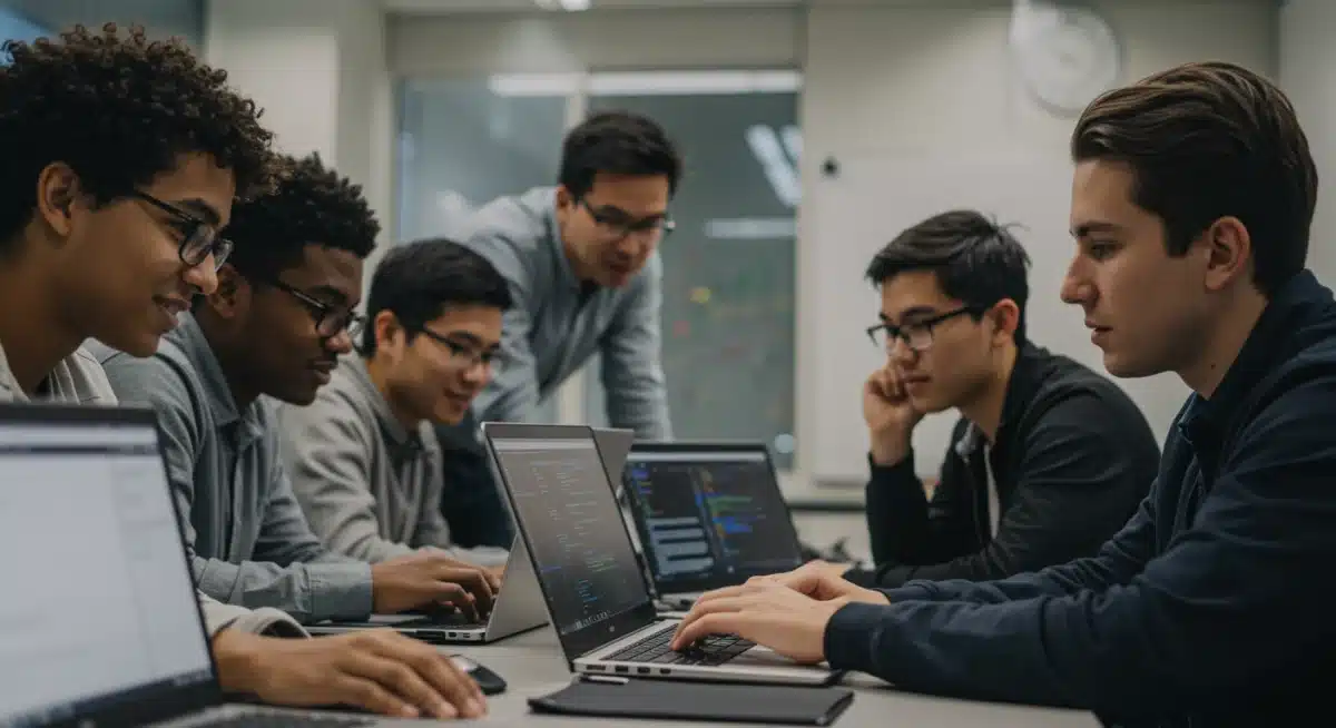 Diverse high school students collaboratively coding in a classroom, emphasizing inclusive STEM learning environments.