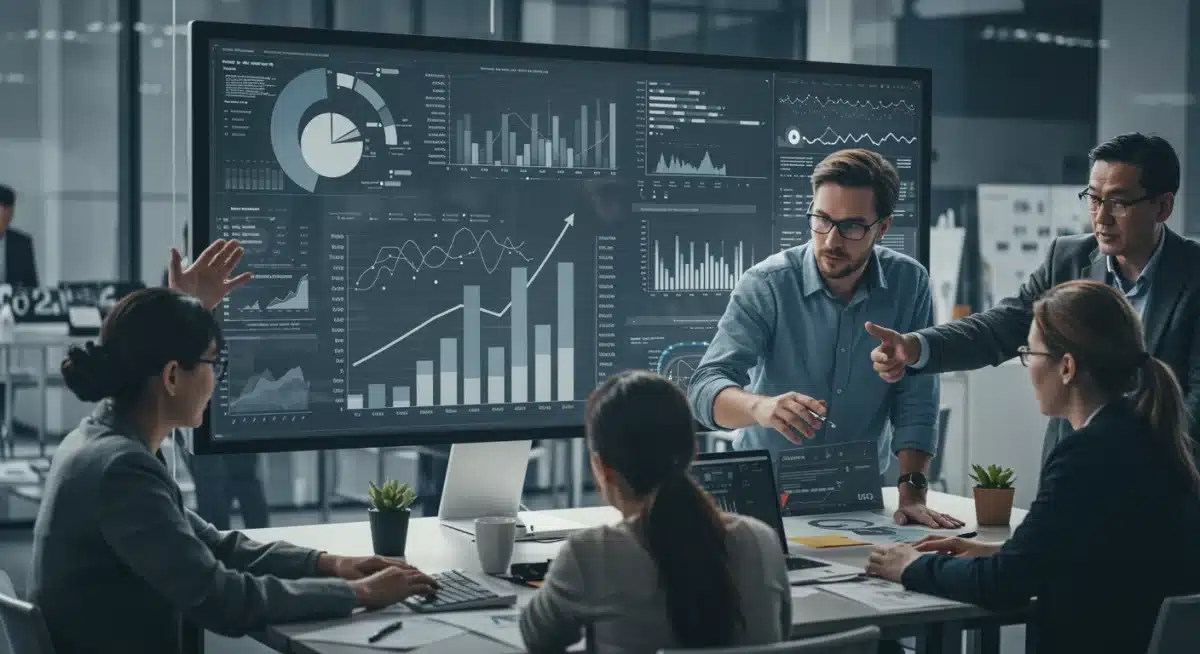 Diverse team collaborating on data charts, illustrating strategic planning and interdisciplinary tech workforce in 2026.