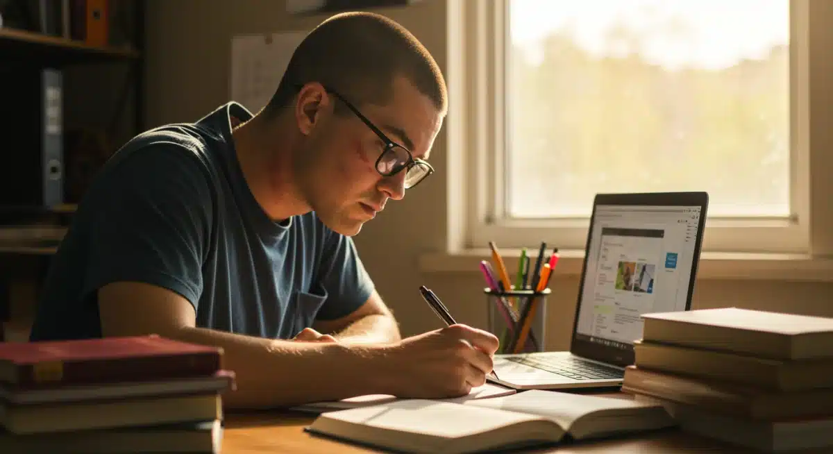 Veteran family member studying with laptop and books, educational support