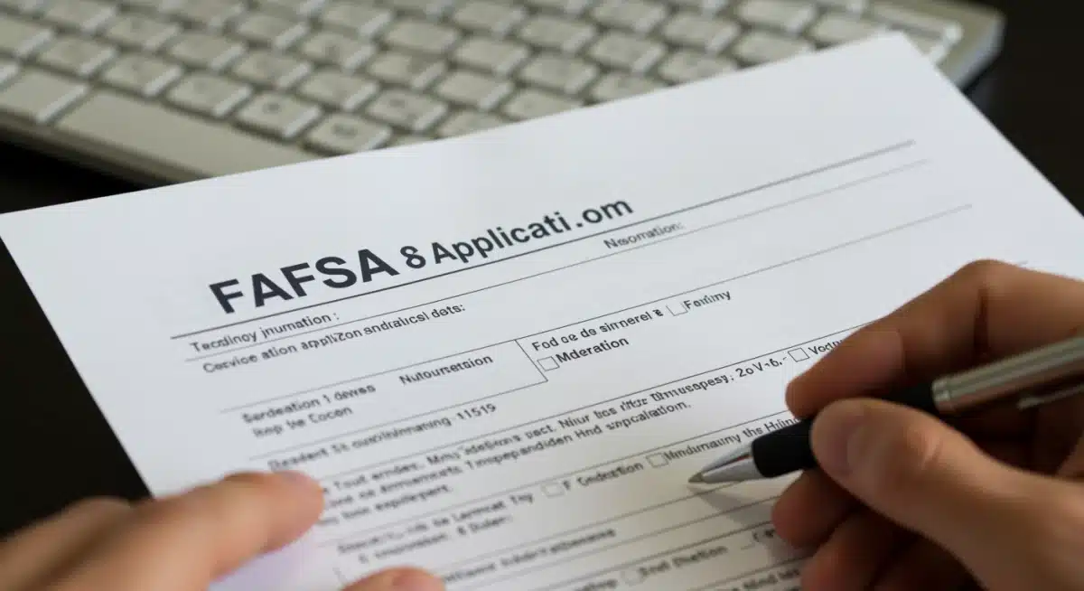 Close-up of a FAFSA application form on a computer screen with a hand holding a pen.