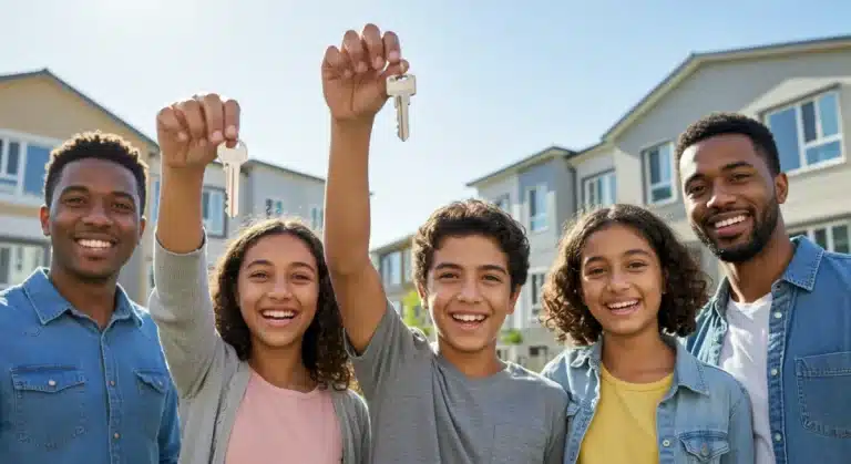 Family receiving keys to new home, symbolizing housing assistance success in 2026.