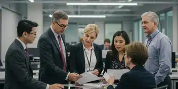 Diverse federal employees discussing benefit changes in an office