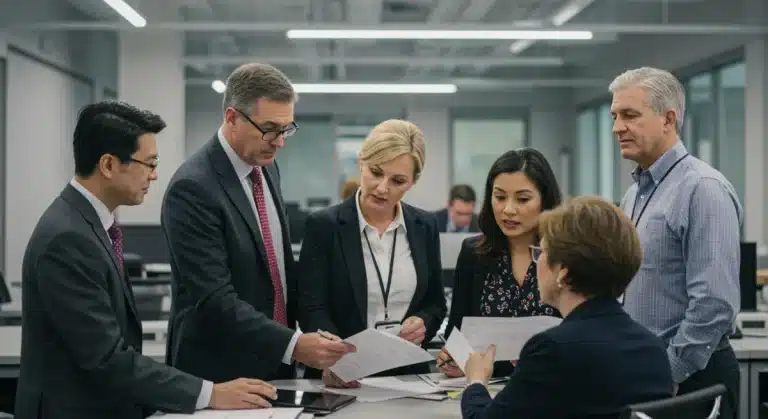 Diverse federal employees discussing benefit changes in an office