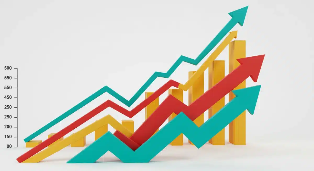 Growth charts and upward arrows symbolizing increased federal education funding impact.