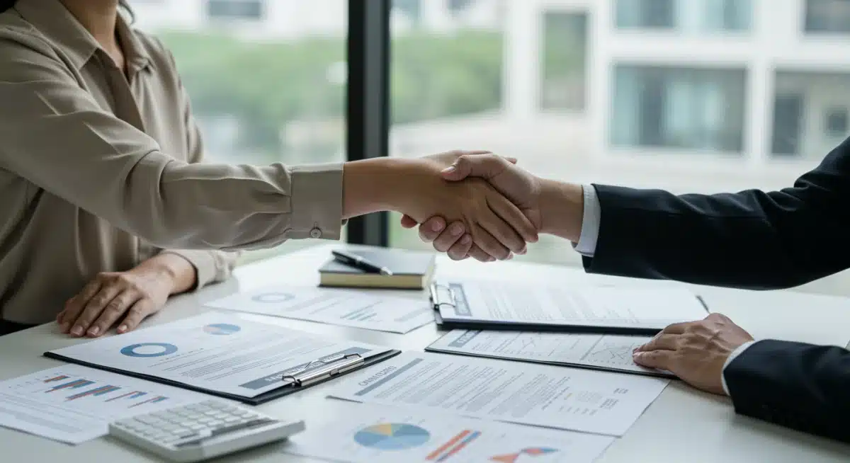 Hands shaking over financial documents, representing financial advice for mortgage management.