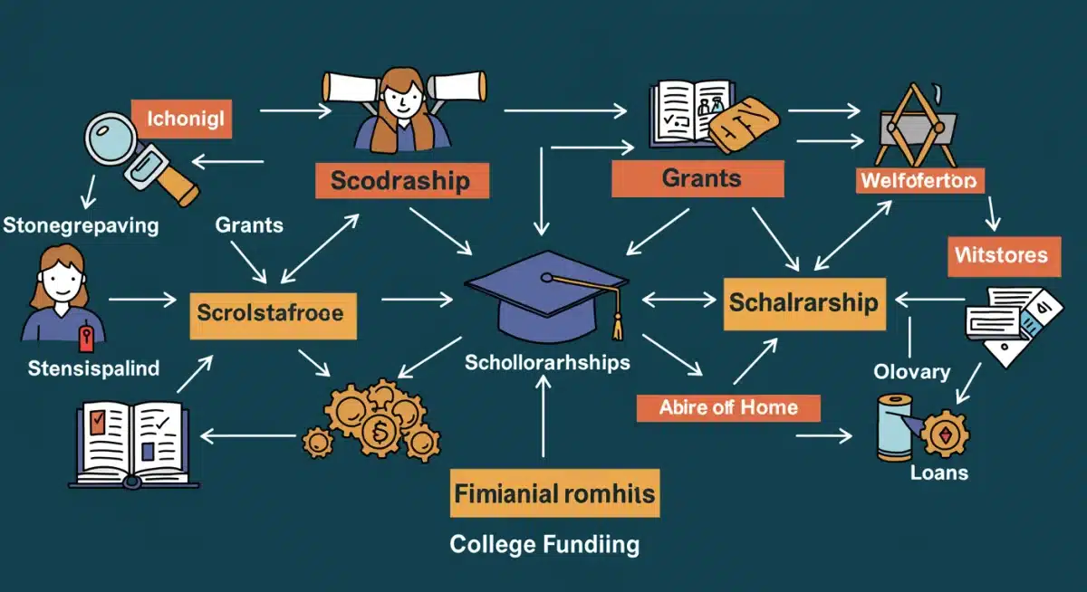 Flow chart illustrating various college financial aid options leading to graduation.