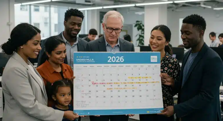 Employees reviewing FMLA protections for 2026, symbolizing expanded leave rights