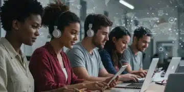 Students collaborating in a virtual classroom on laptops and tablets, symbolizing future online learning in U.S. higher education.