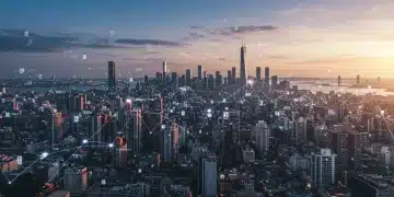 Futuristic digital cityscape representing robust tech job market growth in 2026 despite economic challenges.