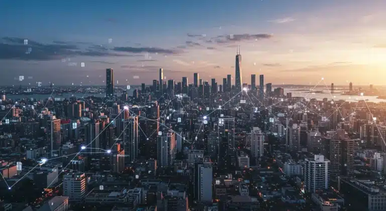 Futuristic digital cityscape representing robust tech job market growth in 2026 despite economic challenges.