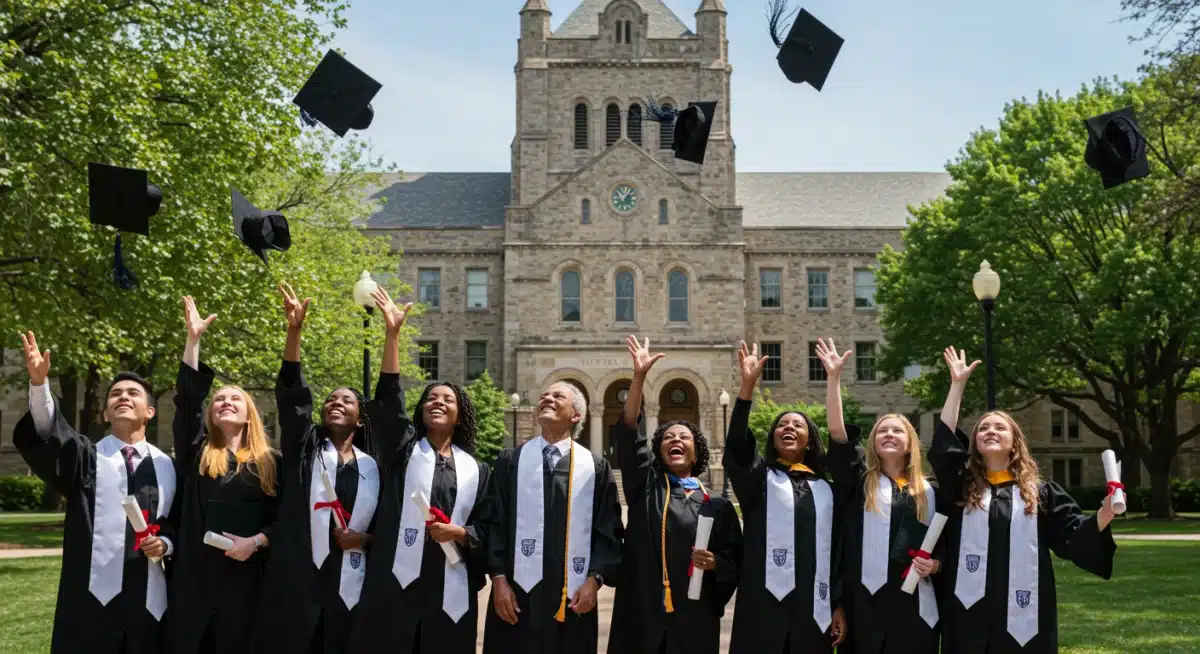 Diverse graduates celebrating commencement with caps in air