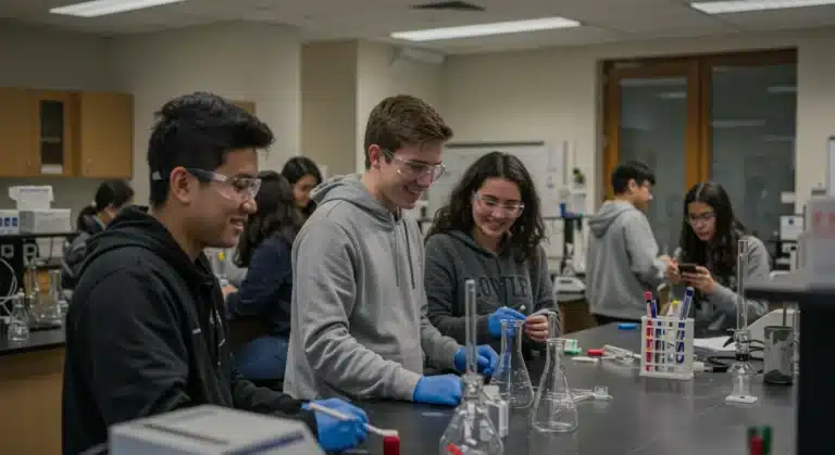 High school students collaborating in a modern STEM lab, symbolizing increased enrollment and engagement in science, technology, engineering, and mathematics fields.
