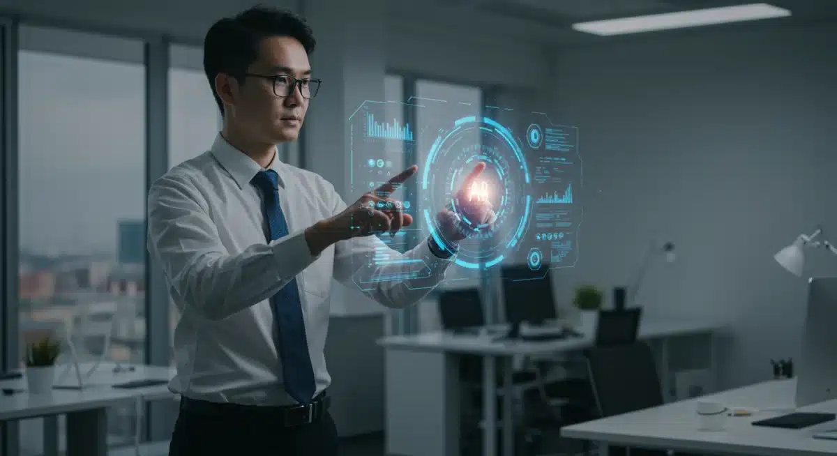 Professional interacting with holographic interface, symbolizing advanced tech adoption and new skill demands in 2026.