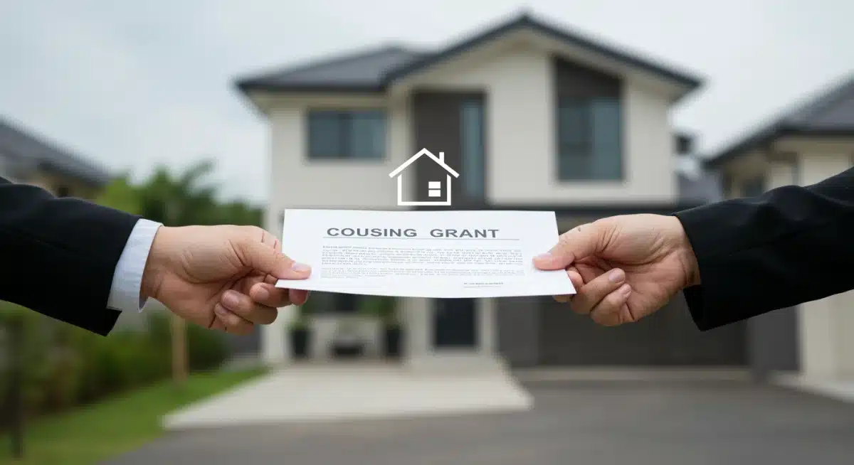 Hands exchanging housing grant document, new home in background