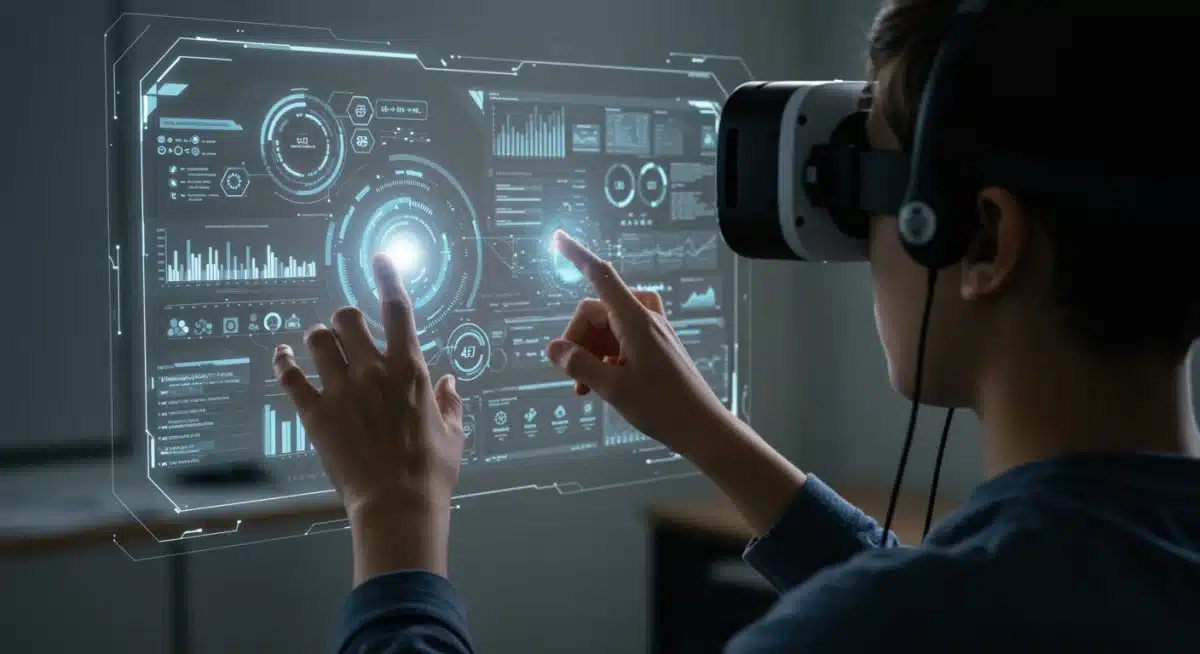 Student using an augmented reality headset for immersive learning, illustrating future educational technology.