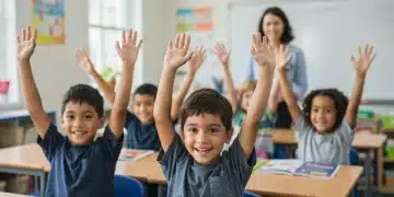 Diverse K-12 students eagerly participating in a modern classroom setting.