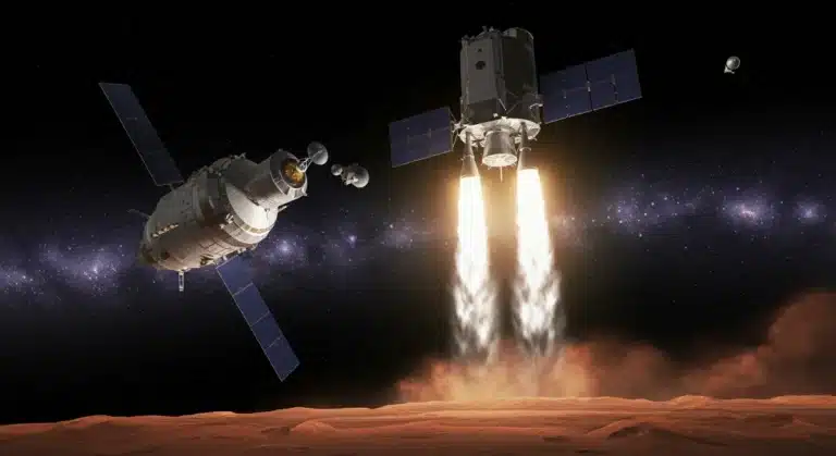 Illustration of Mars Sample Return Mission spacecraft in orbit around Mars.