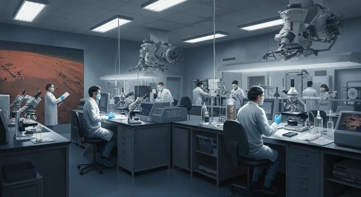 Scientists analyzing Martian samples in a high-tech laboratory.