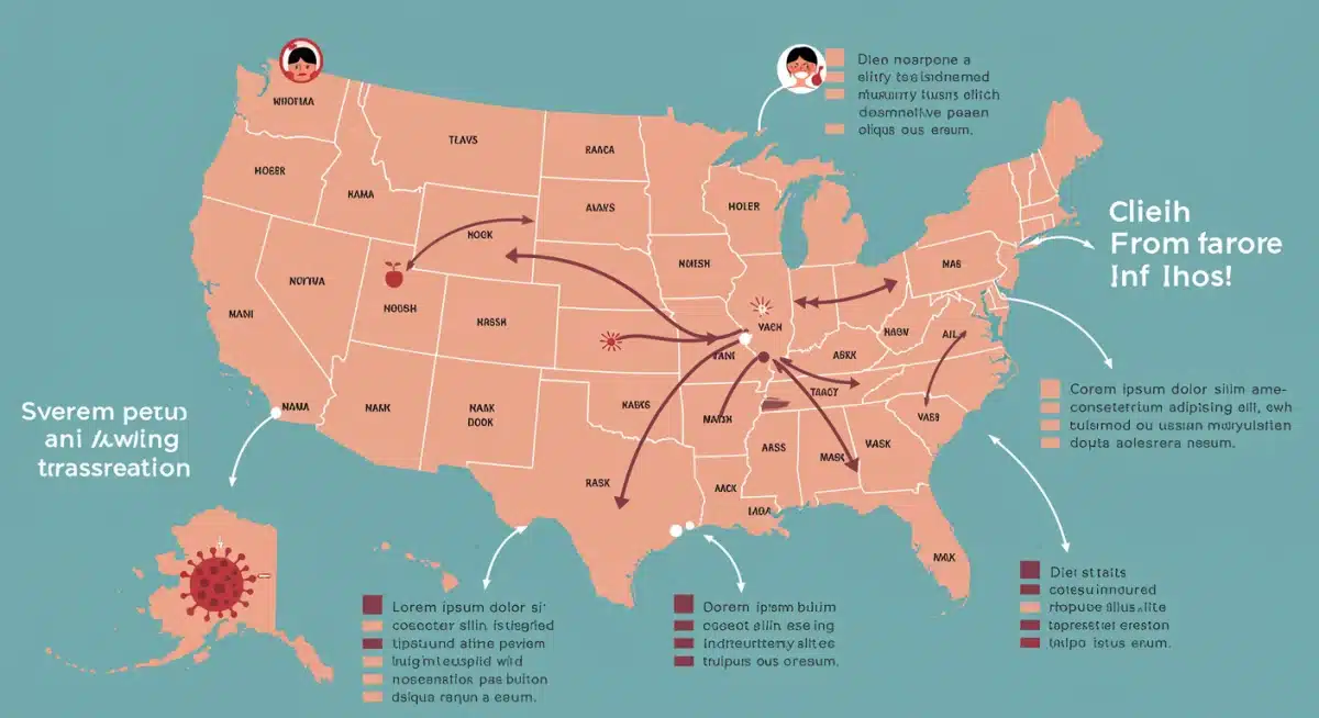 Infographic illustrating measles virus transmission across US states.