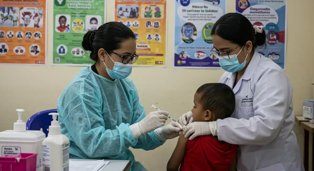 Healthcare professional vaccinating child against measles in a clinic.