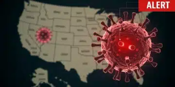 Microscopic view of measles virus with US map overlay, symbolizing outbreak in states.
