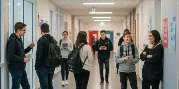 Students and educators interacting positively in a school hallway, illustrating a supportive mental health environment.