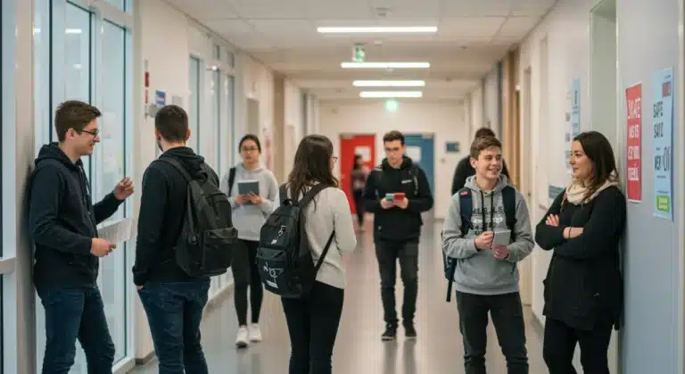 Students and educators interacting positively in a school hallway, illustrating a supportive mental health environment.
