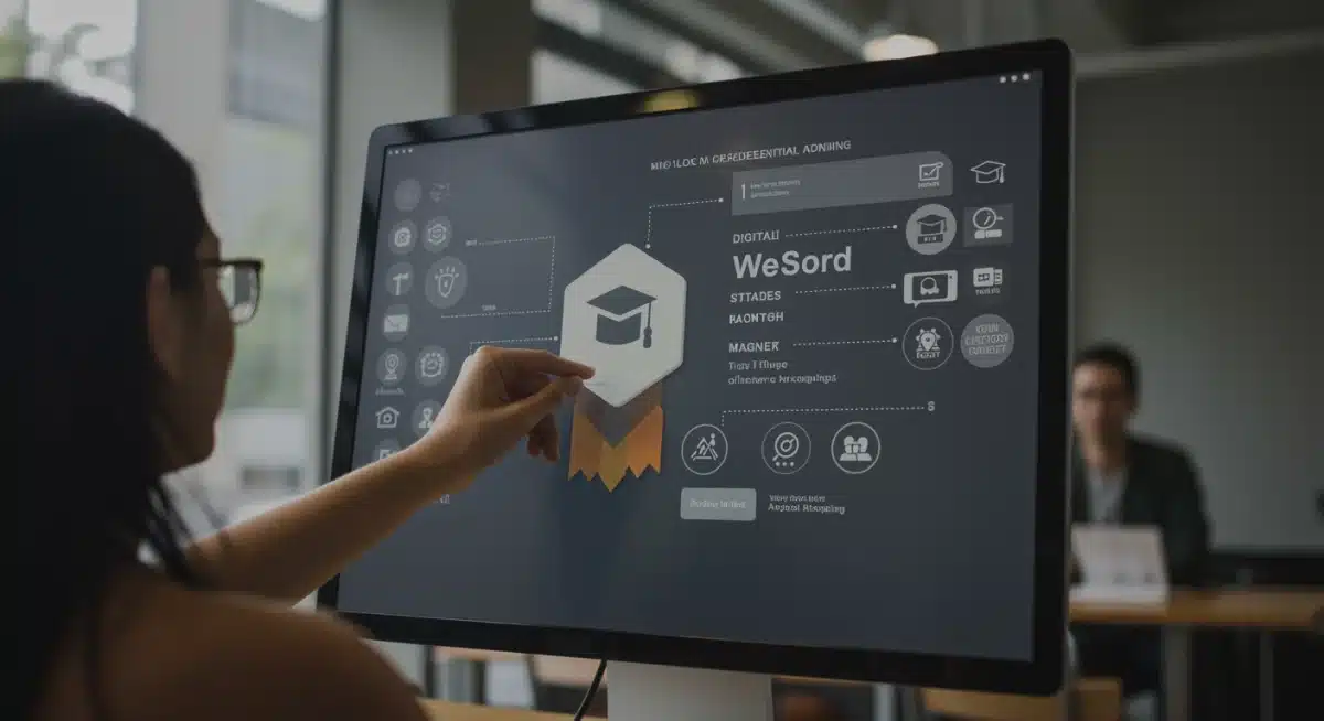 Digital badge for micro-credentialing being awarded, representing skill-based learning and future higher education.