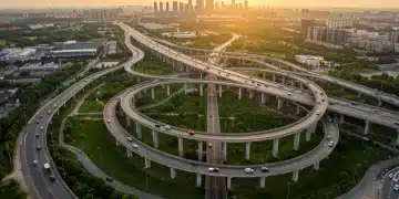 Modern highway interchange with city skyline, symbolizing infrastructure development and connectivity.