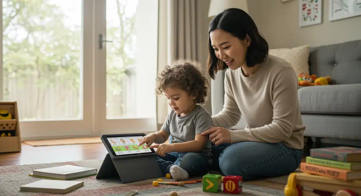 Parent and child using digital learning tools at home for early education