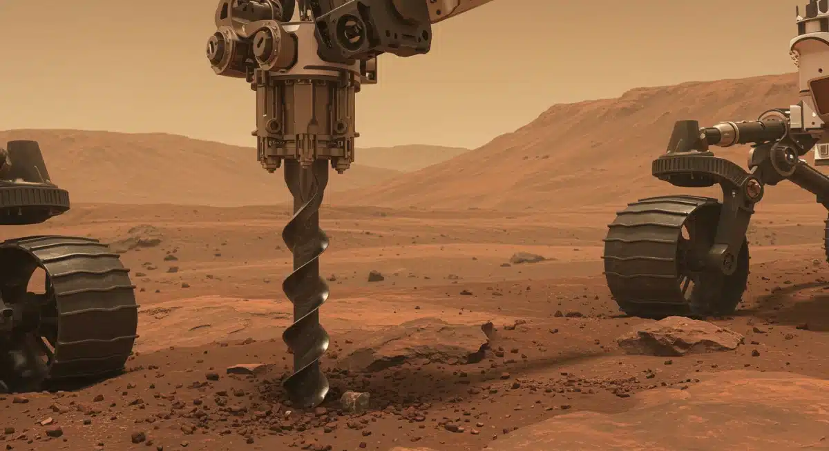 Perseverance rover collecting rock sample on Mars.
