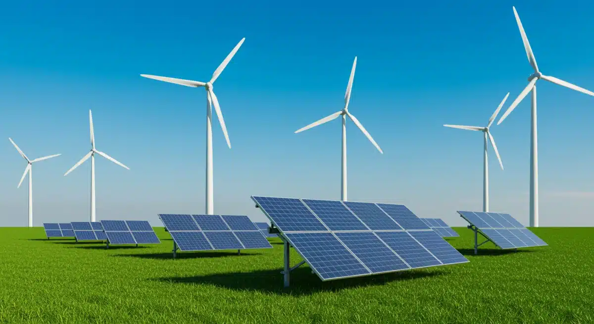 Renewable energy landscape with wind turbines and solar panels, representing environmental policy initiatives.
