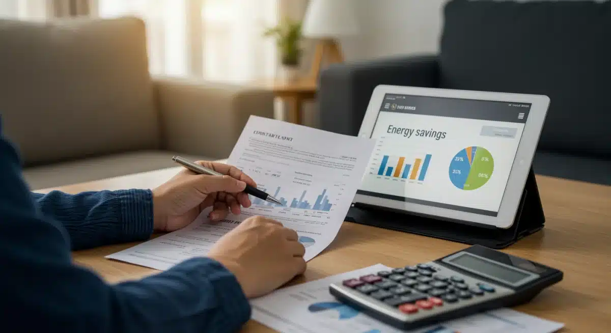 Homeowner reviewing energy tax credit documents and savings.